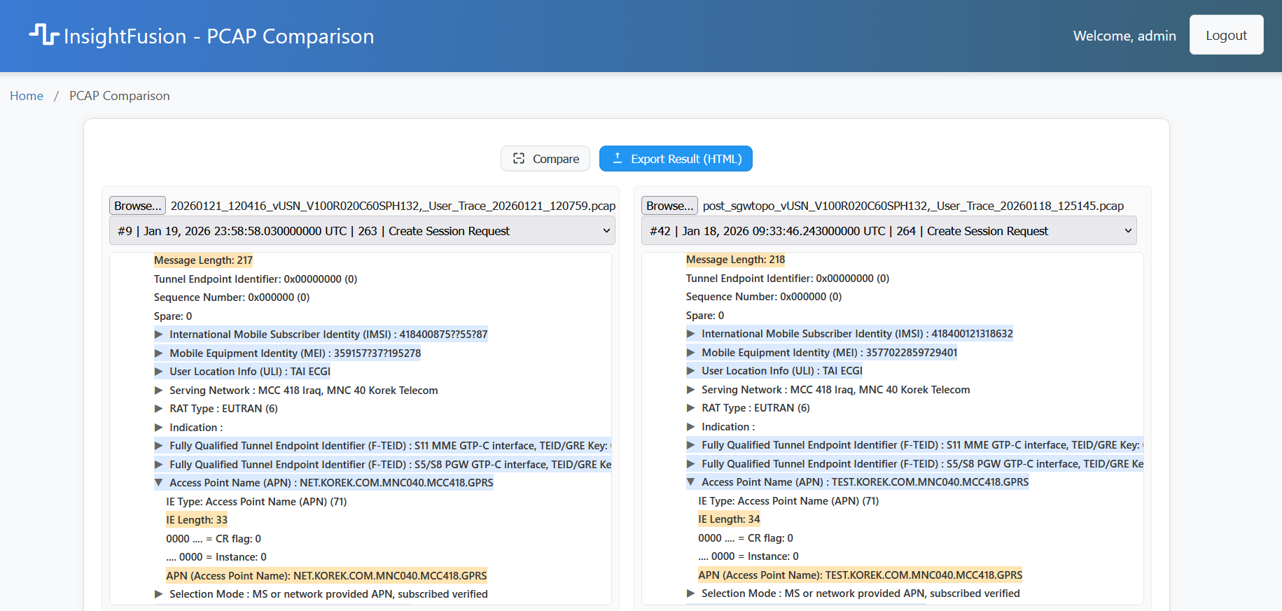 InsightFusion: PCAP comparison